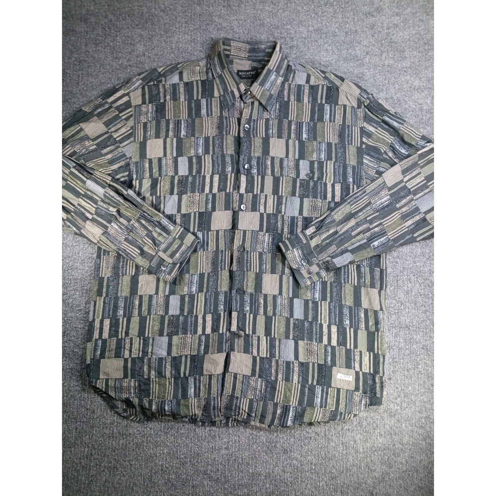 Riscatto Men's Large Gray Geometric Button Up Shirt Long Sleeve Abstract Print
